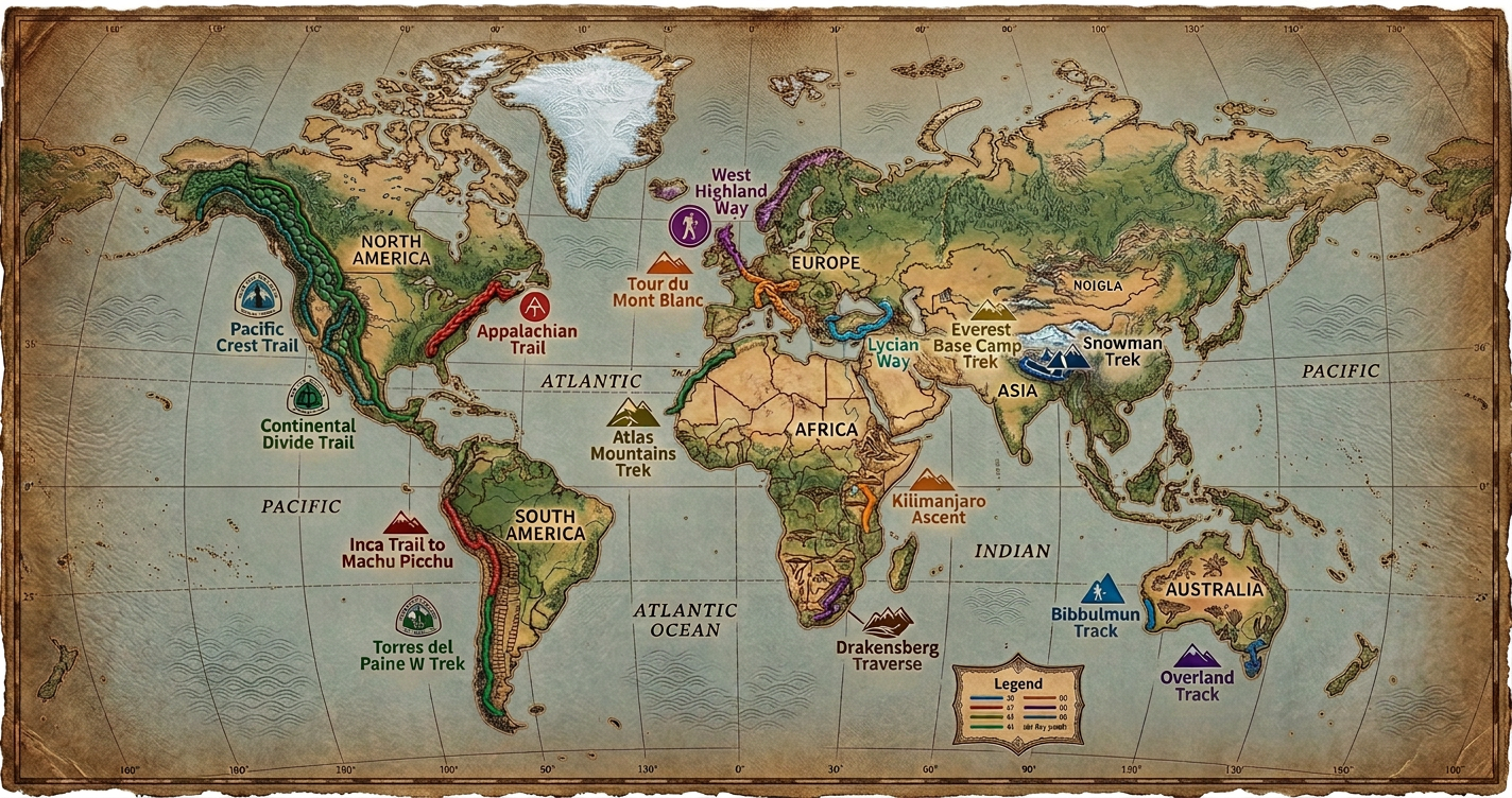 World map showing famous long-distance hiking trails across continents with trail names and icons